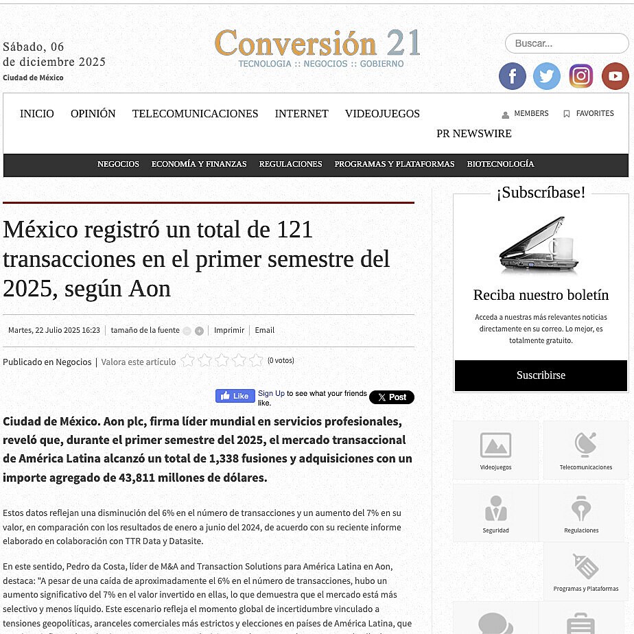 Mxico registr un total de 121 transacciones en el primer semestre del 2025, segn Aon